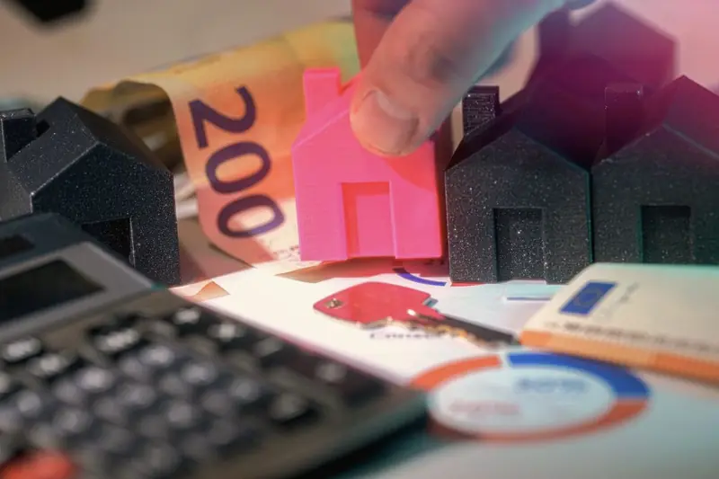 Model houses, a banknote and a calculator