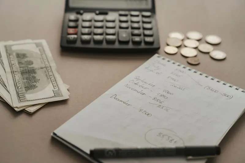 Budget notebook with cash, coins and a calculator